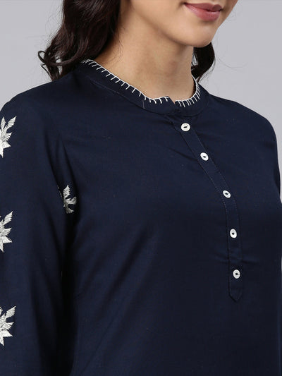 Neerus Navy Blue Panelled Straight Yoke Design Kurta And Trousers