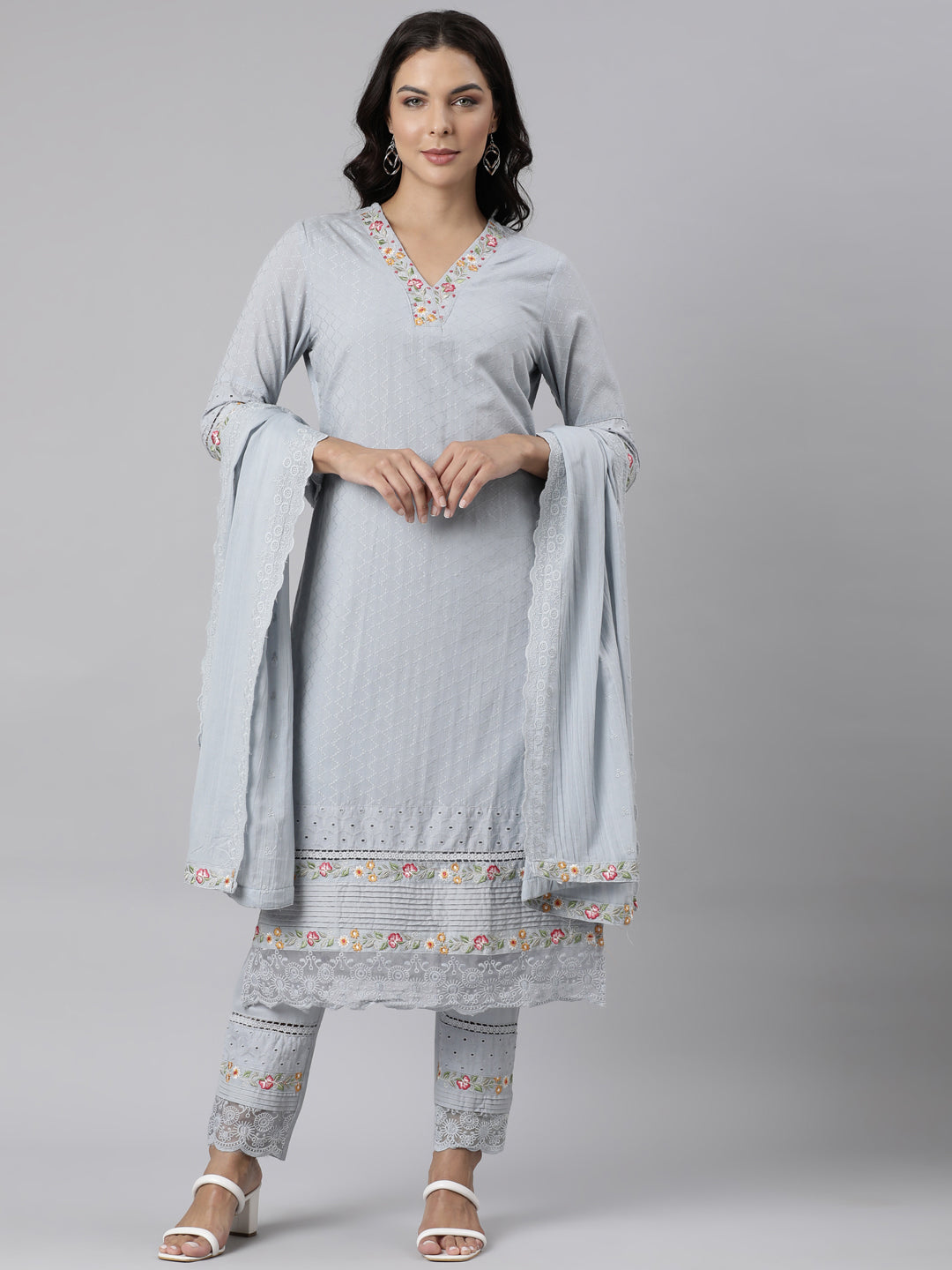 Neerus Grey Panelled Scalloped Yoke Design Kurta And Trousers With Dupatta