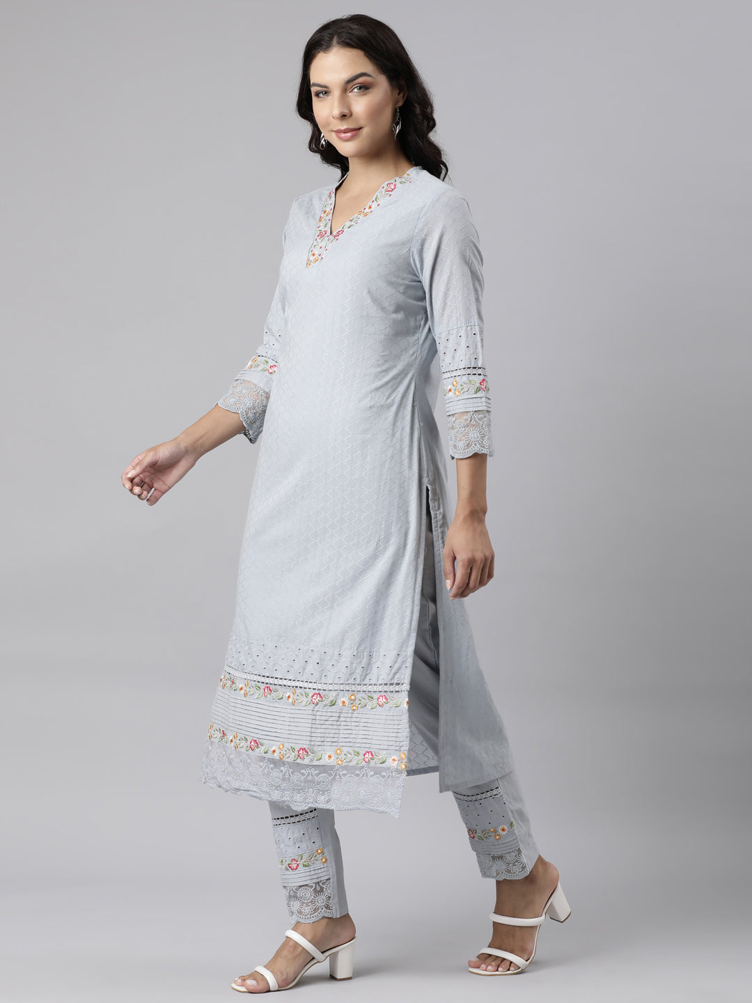 Neerus Grey Panelled Scalloped Yoke Design Kurta And Trousers With Dupatta