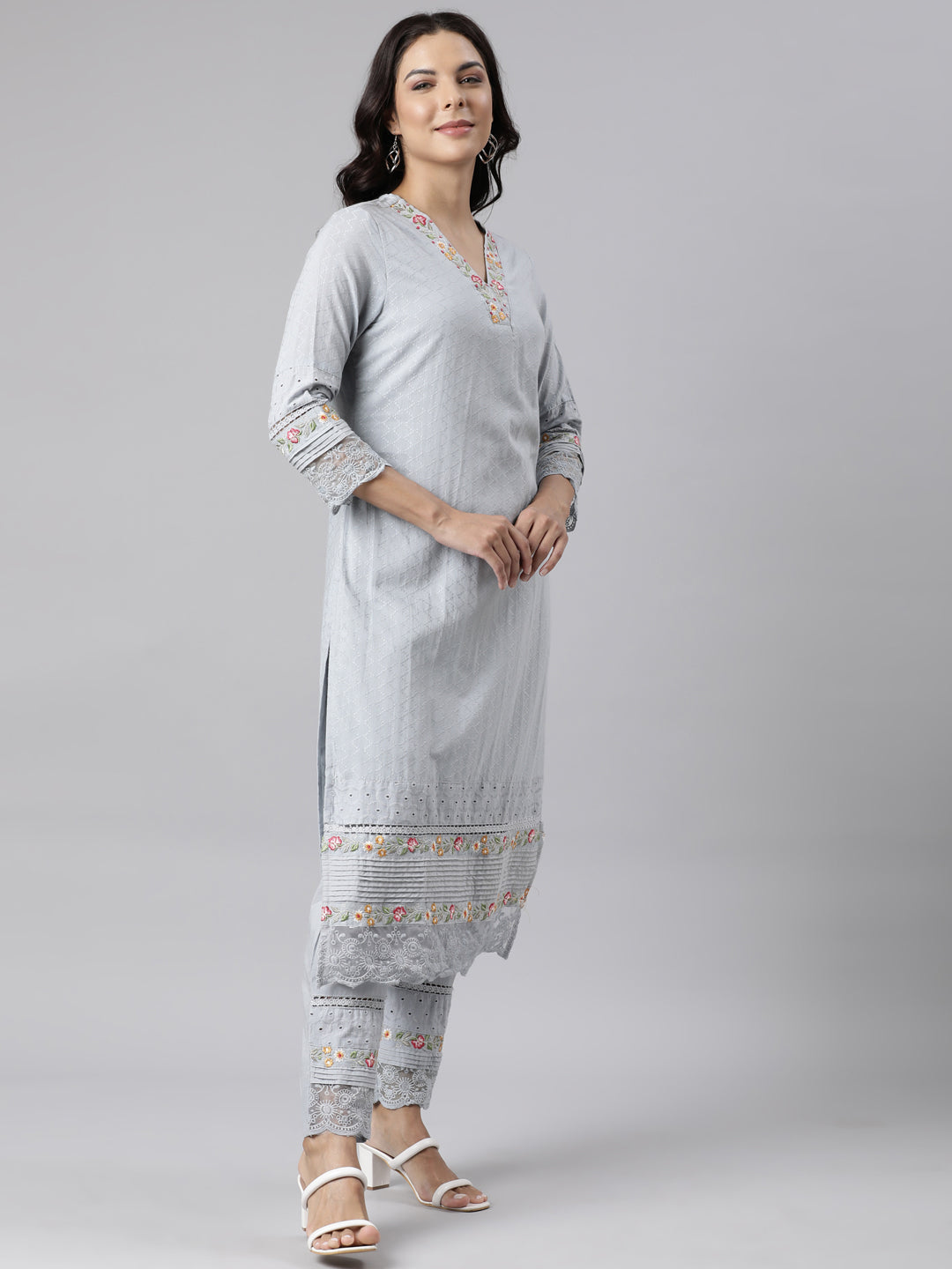 Neerus Grey Panelled Scalloped Yoke Design Kurta And Trousers With Dupatta