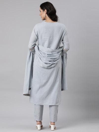 Neerus Grey Panelled Scalloped Yoke Design Kurta And Trousers With Dupatta