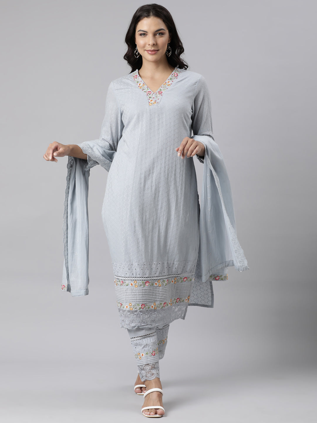 Neerus Grey Panelled Scalloped Yoke Design Kurta And Trousers With Dupatta