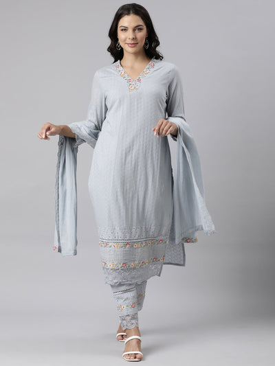 Neerus Grey Panelled Scalloped Yoke Design Kurta And Trousers With Dupatta