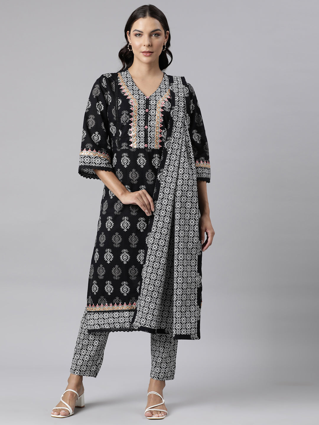 Neerus Black Panelled Straight Printed Kurta And Trousers With Dupatta