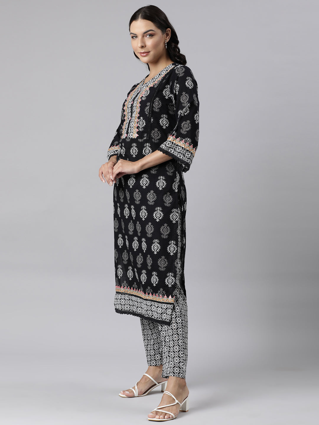 Neerus Black Panelled Straight Printed Kurta And Trousers With Dupatta