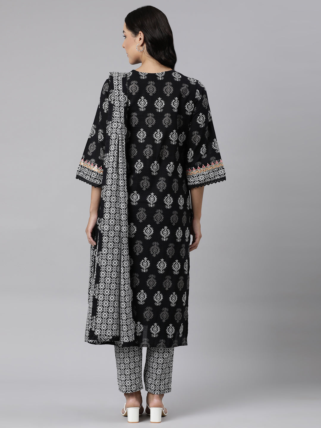 Neerus Black Panelled Straight Printed Kurta And Trousers With Dupatta