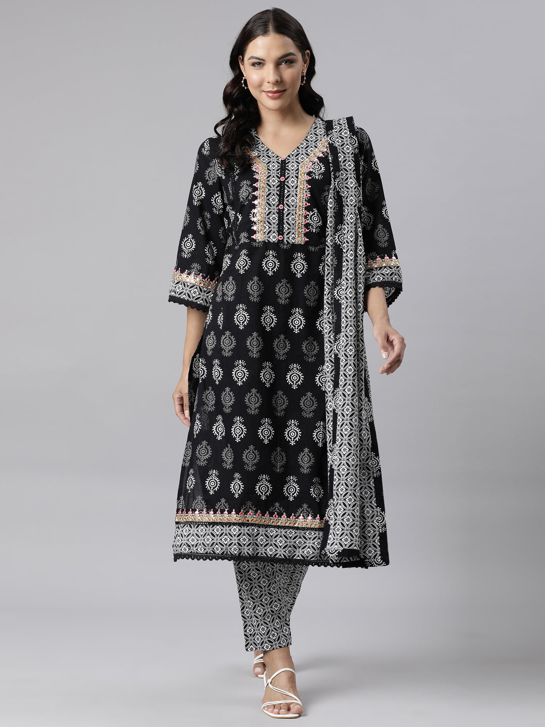 Neerus Black Panelled Straight Printed Kurta And Trousers With Dupatta