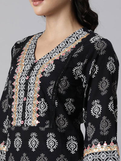 Neerus Black Panelled Straight Printed Kurta And Trousers With Dupatta