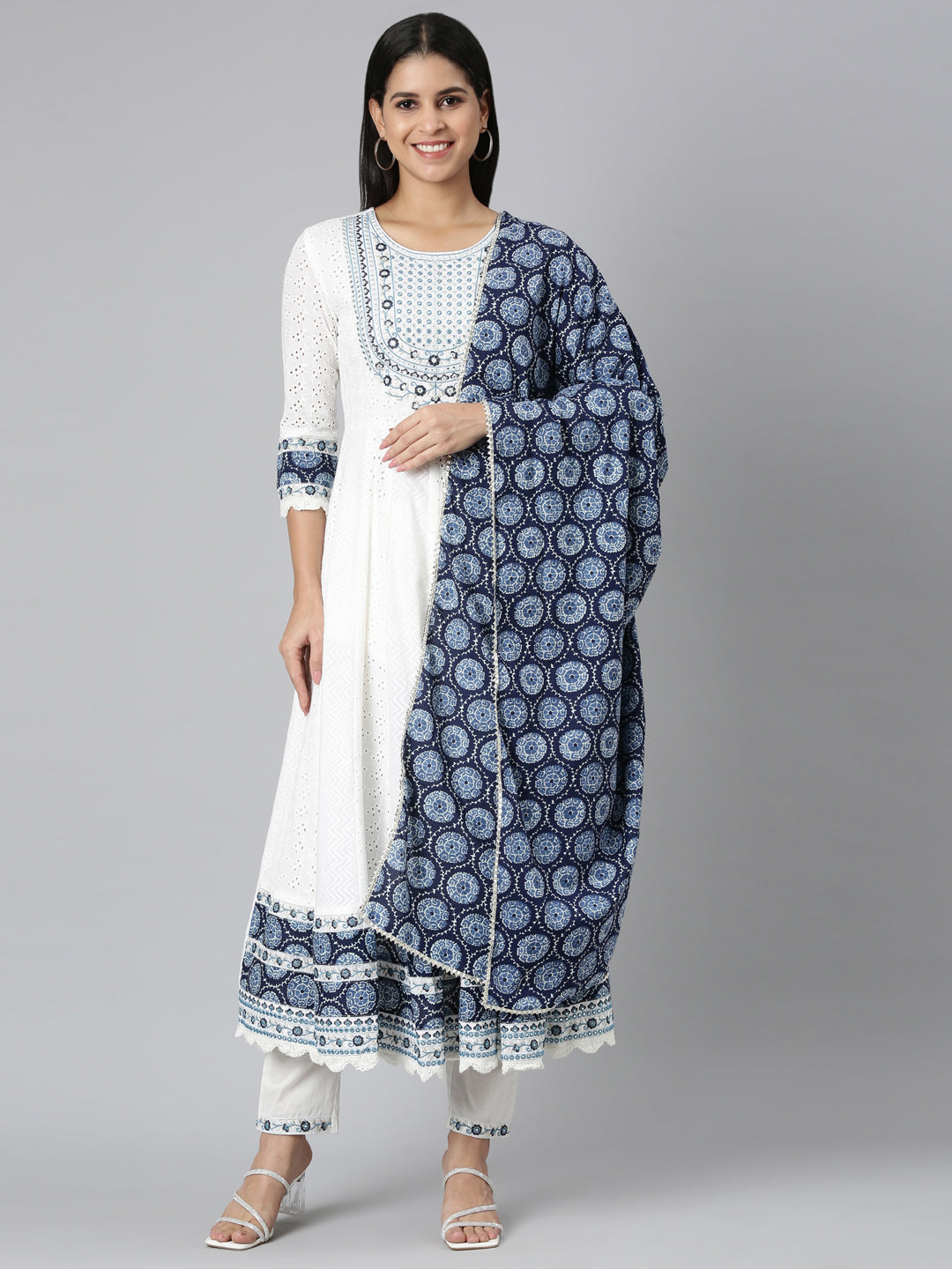 Neerus Off White Pleated Curved Solid Kurta and Trousers With Dupatta