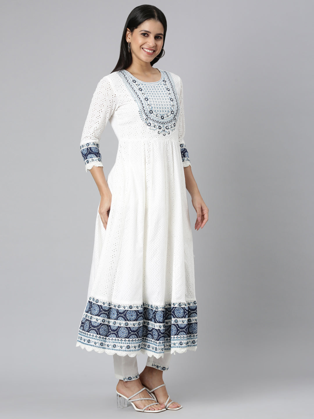 Neerus Off White Pleated Curved Solid Kurta and Trousers With Dupatta