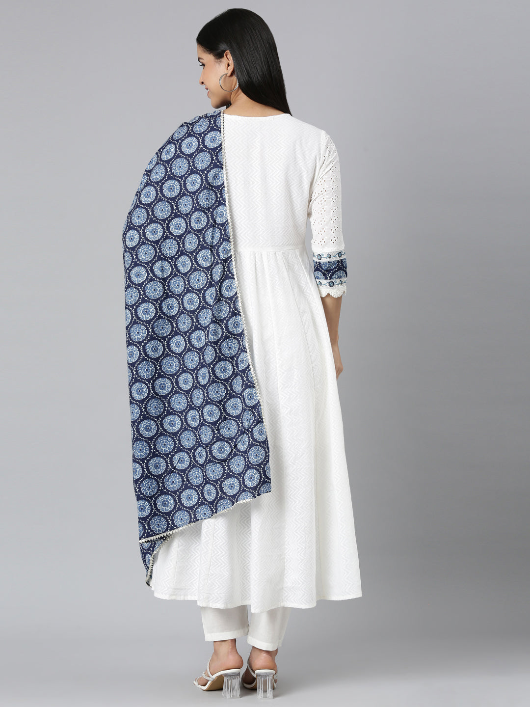 Neerus Off White Pleated Curved Solid Kurta and Trousers With Dupatta