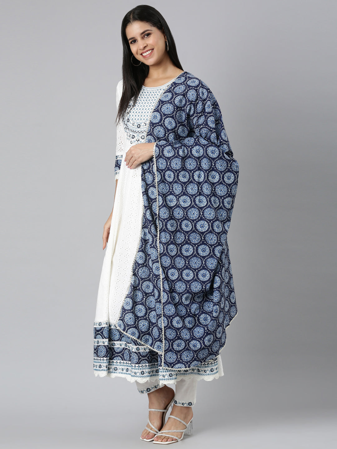 Neerus Off White Pleated Curved Solid Kurta and Trousers With Dupatta