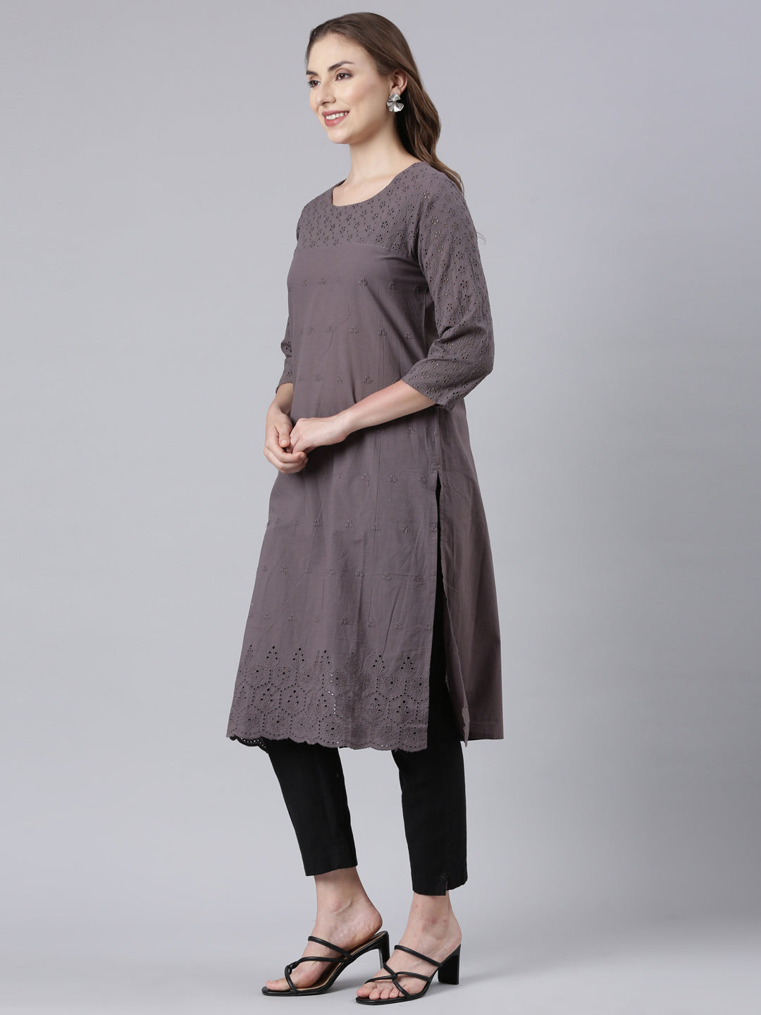 Neerus Black Panelled Straight Floral Kurtas