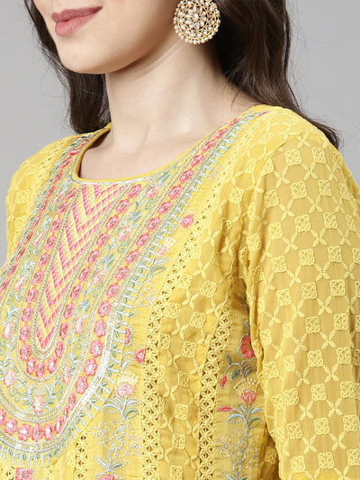 Neerus Yellow Casual  Anarkali Kurta and Trousers With Dupatta