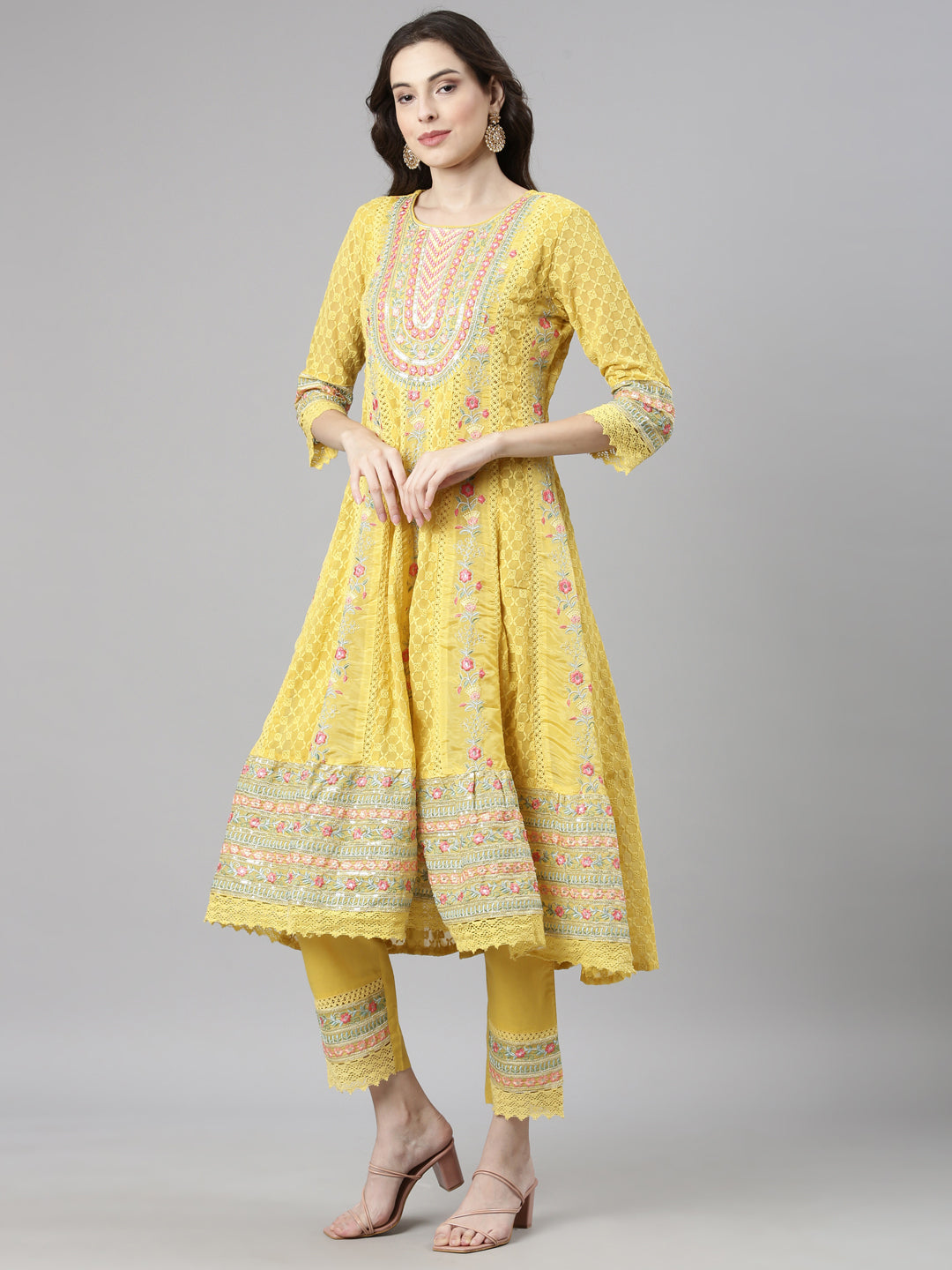 Neerus Yellow Casual  Anarkali Kurta and Trousers With Dupatta