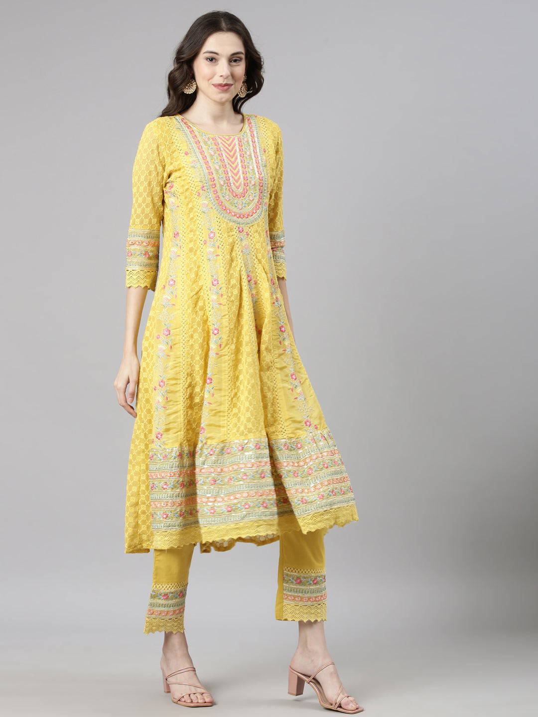 Neerus Yellow Casual  Anarkali Kurta and Trousers With Dupatta