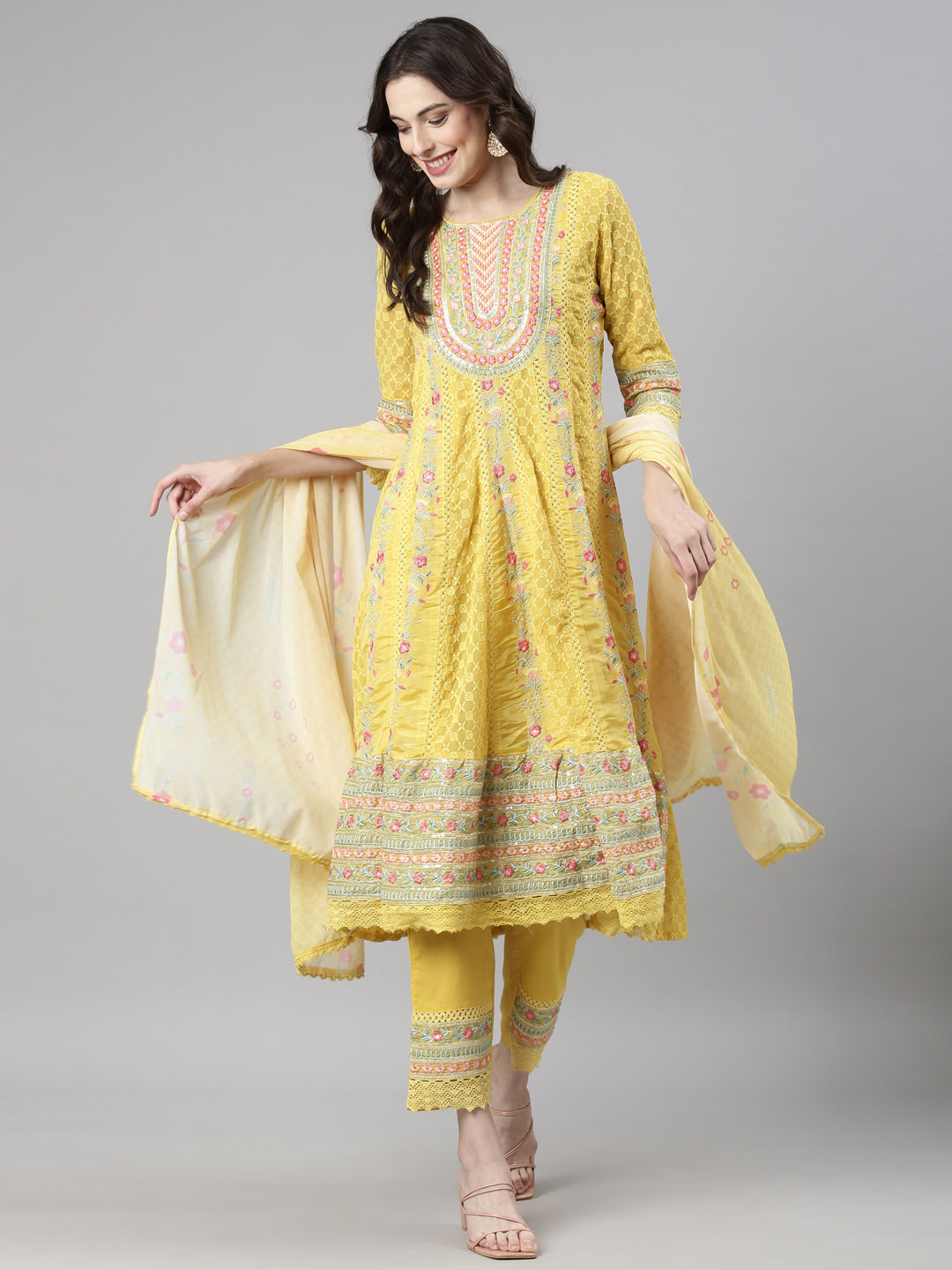 Neerus Yellow Casual  Anarkali Kurta and Trousers With Dupatta