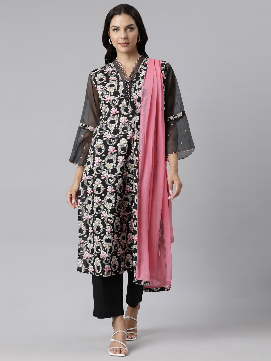 Neerus Black Panelled Straight Printed Kurta And Trousers With Dupatta