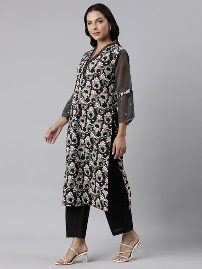 Neerus Black Panelled Straight Printed Kurta And Trousers With Dupatta