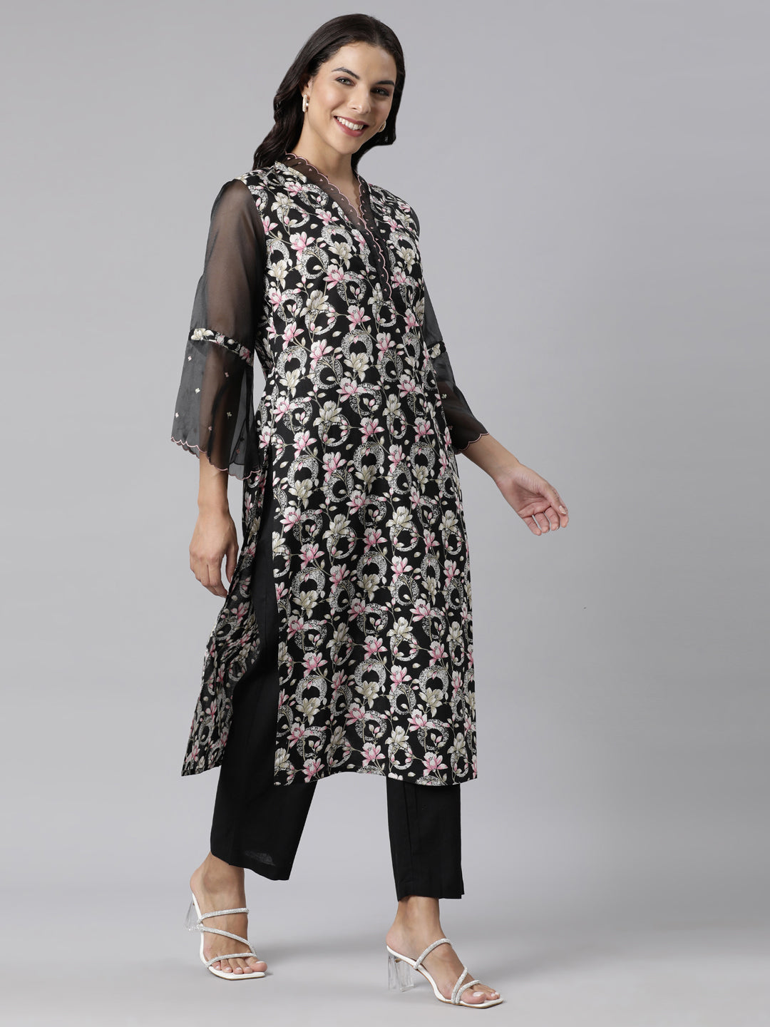 Neerus Black Panelled Straight Printed Kurta And Trousers With Dupatta