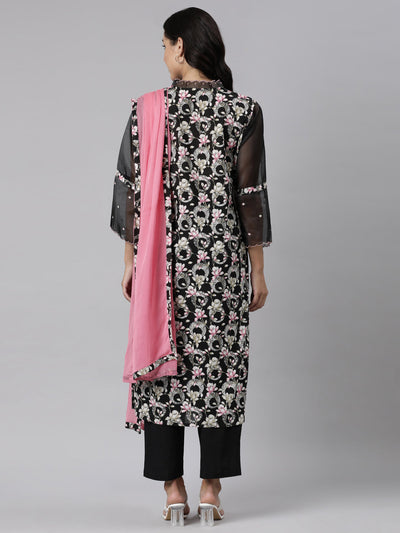 Neerus Black Panelled Straight Printed Kurta And Trousers With Dupatta