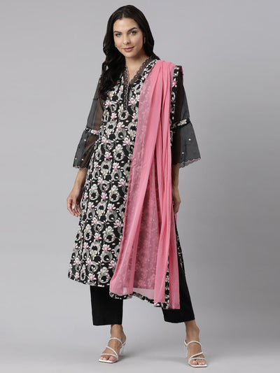 Neerus Black Panelled Straight Printed Kurta And Trousers With Dupatta