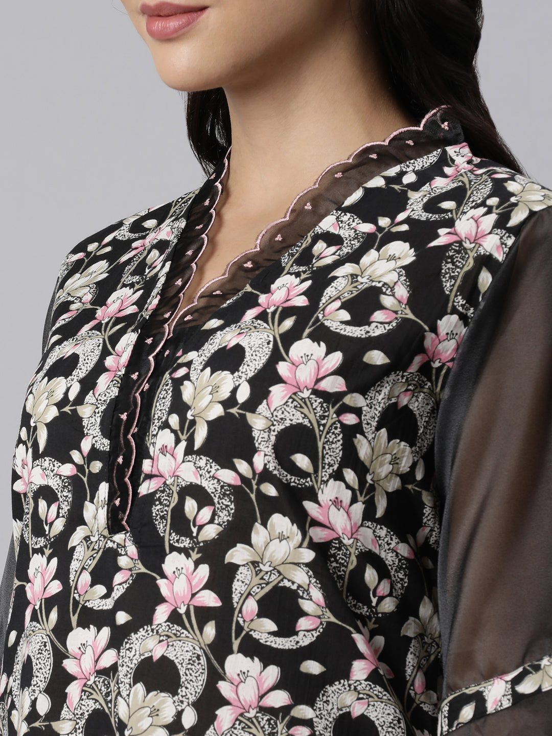 Neerus Black Panelled Straight Printed Kurta And Trousers With Dupatta