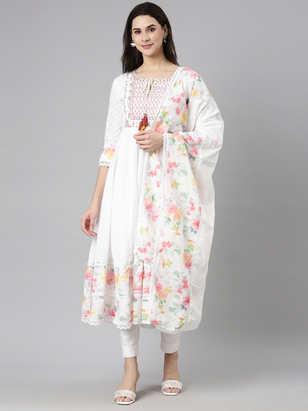 Neerus Pink Regular Anarkali Floral Kurtas