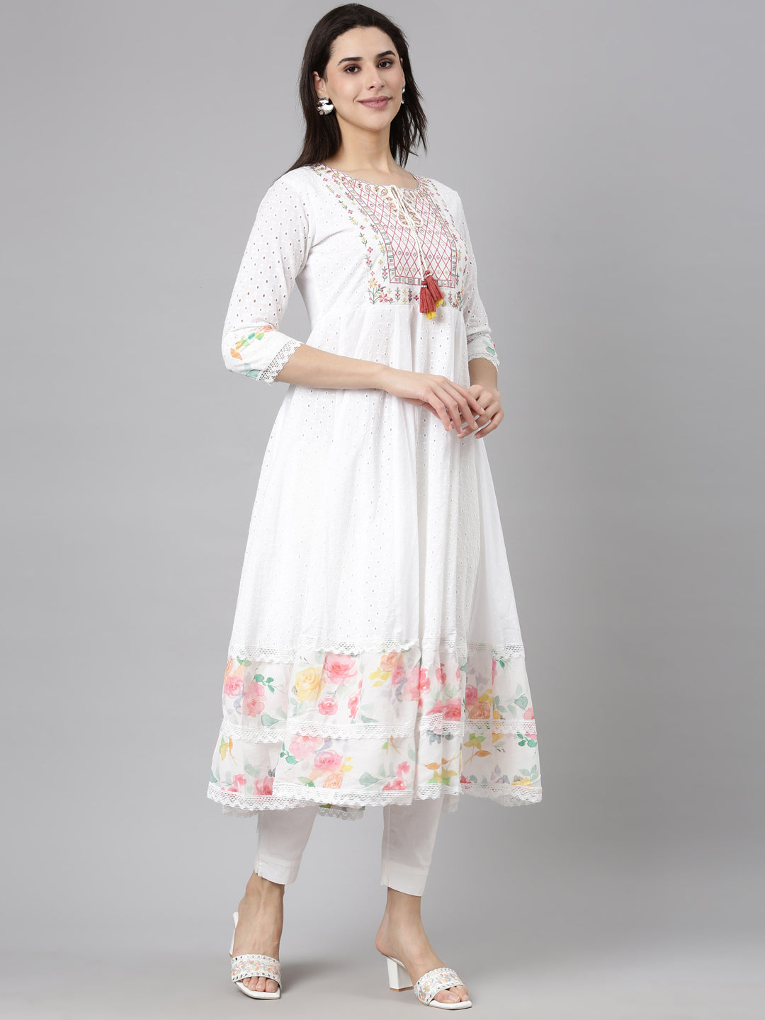 Neerus Pink Regular Anarkali Floral Kurtas