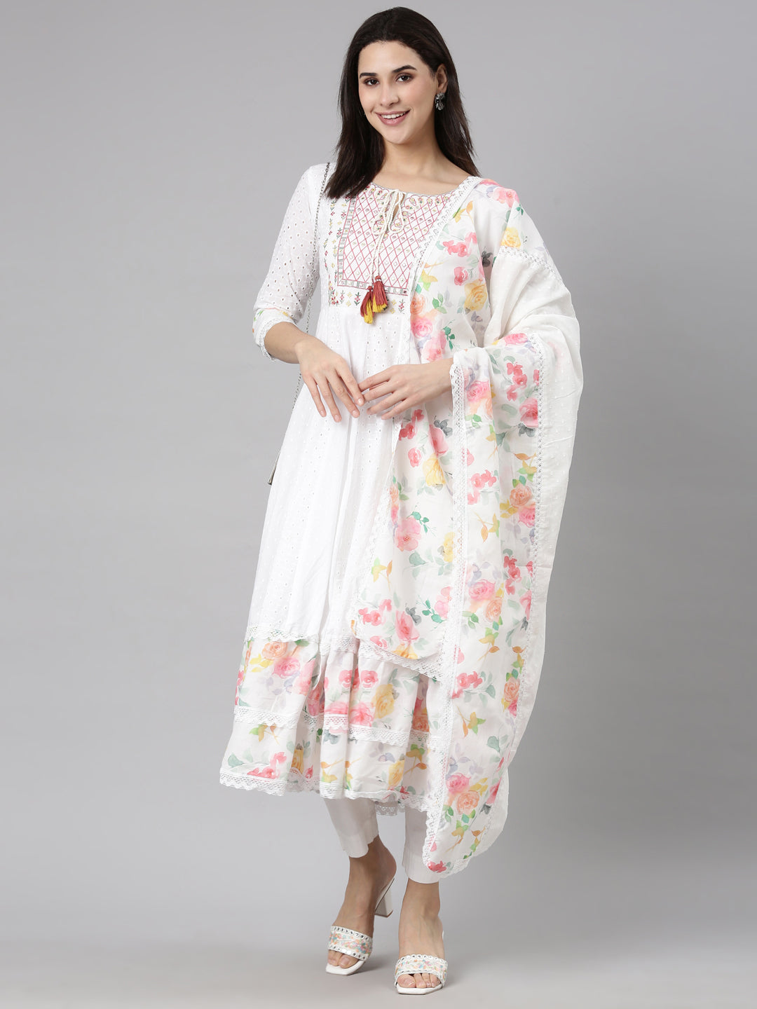 Neerus Pink Regular Anarkali Floral Kurtas