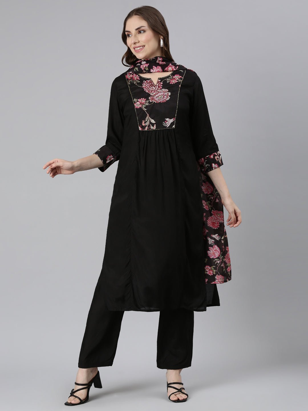 Neerus Black Regular Straight Solid Kurta and Trousers With Dupatta