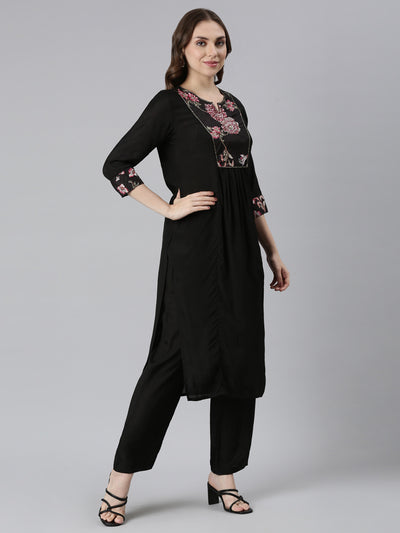 Neerus Black Regular Straight Solid Kurta and Trousers With Dupatta