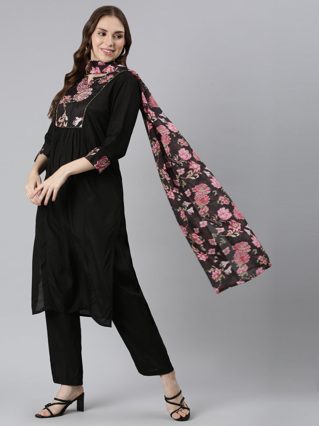 Neerus Black Regular Straight Solid Kurta and Trousers With Dupatta