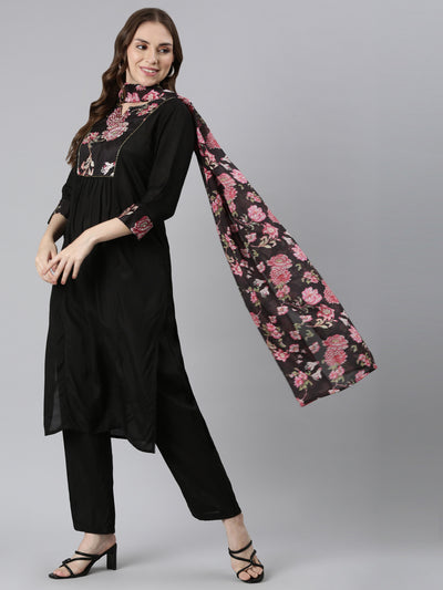 Neerus Black Regular Straight Solid Kurta and Trousers With Dupatta