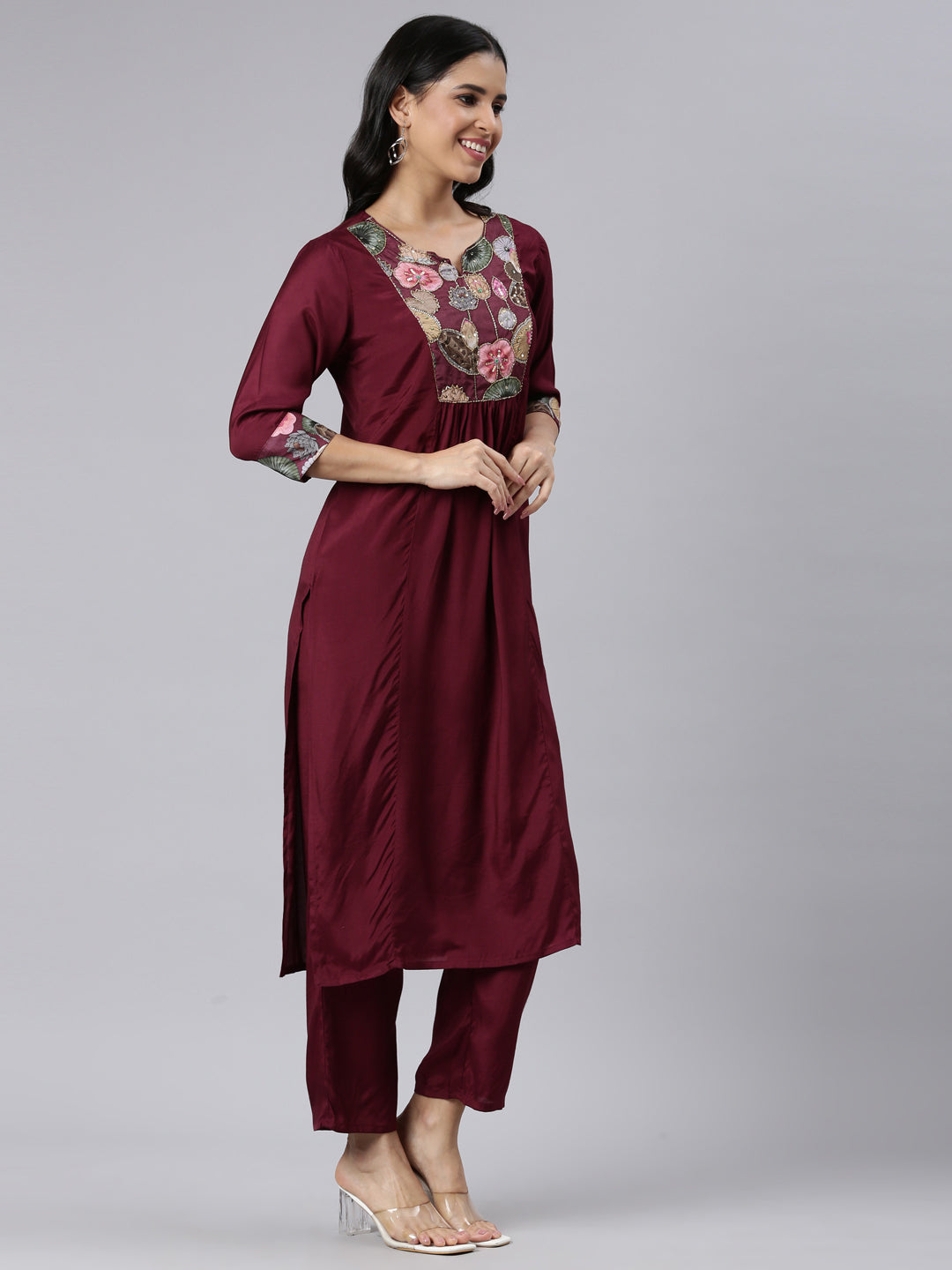 Neerus Purple Regular Straight Solid Kurta and Trousers With Dupatta