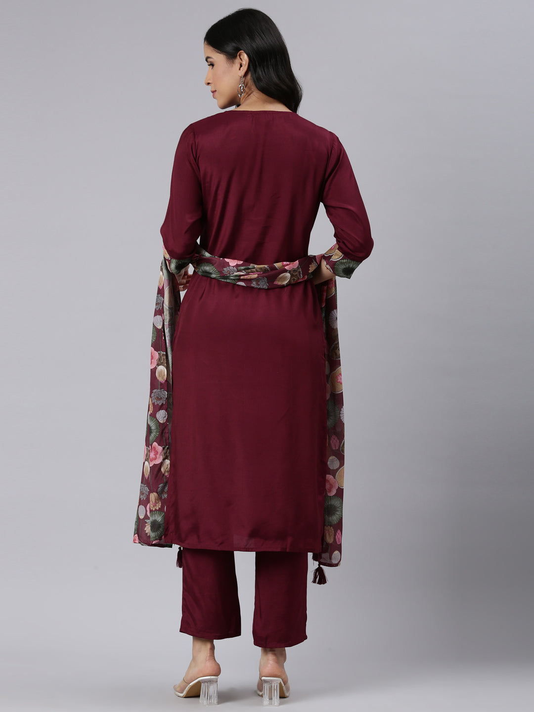 Neerus Purple Regular Straight Solid Kurta and Trousers With Dupatta