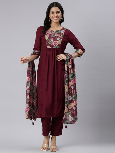 Neerus Purple Regular Straight Solid Kurta and Trousers With Dupatta