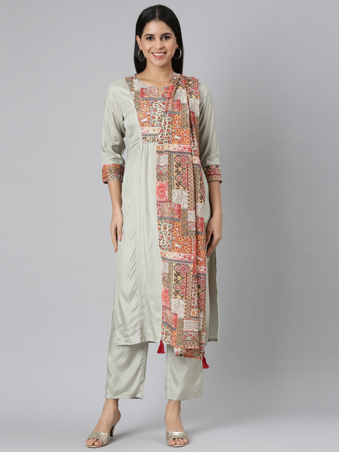 Neerus Grey Regular Straight Solid Kurta and Trousers With Dupatta