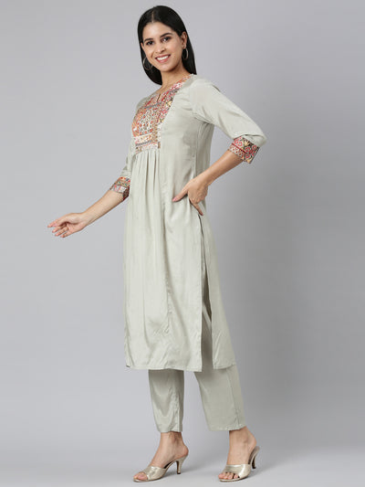 Neerus Grey Regular Straight Solid Kurta and Trousers With Dupatta