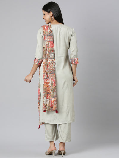 Neerus Grey Regular Straight Solid Kurta and Trousers With Dupatta