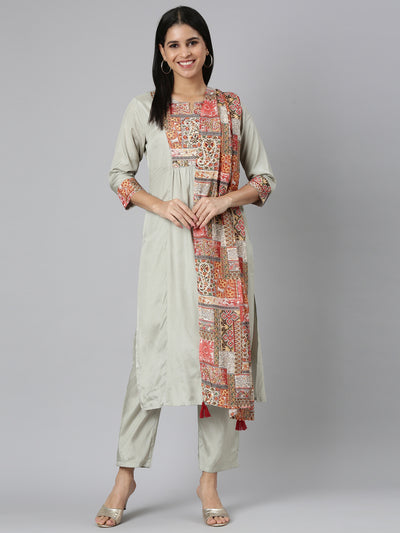 Neerus Grey Regular Straight Solid Kurta and Trousers With Dupatta