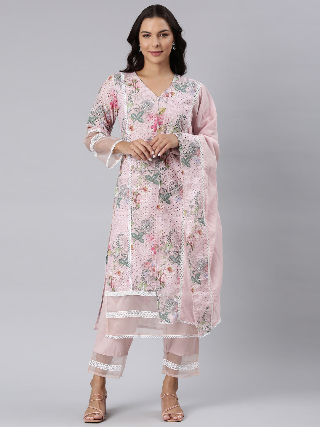 Neerus Pink Panelled Straight Printed Kurta And Trousers With Dupatta