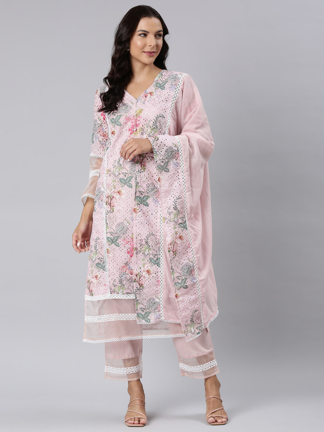 Neerus Pink Panelled Straight Printed Kurta And Trousers With Dupatta