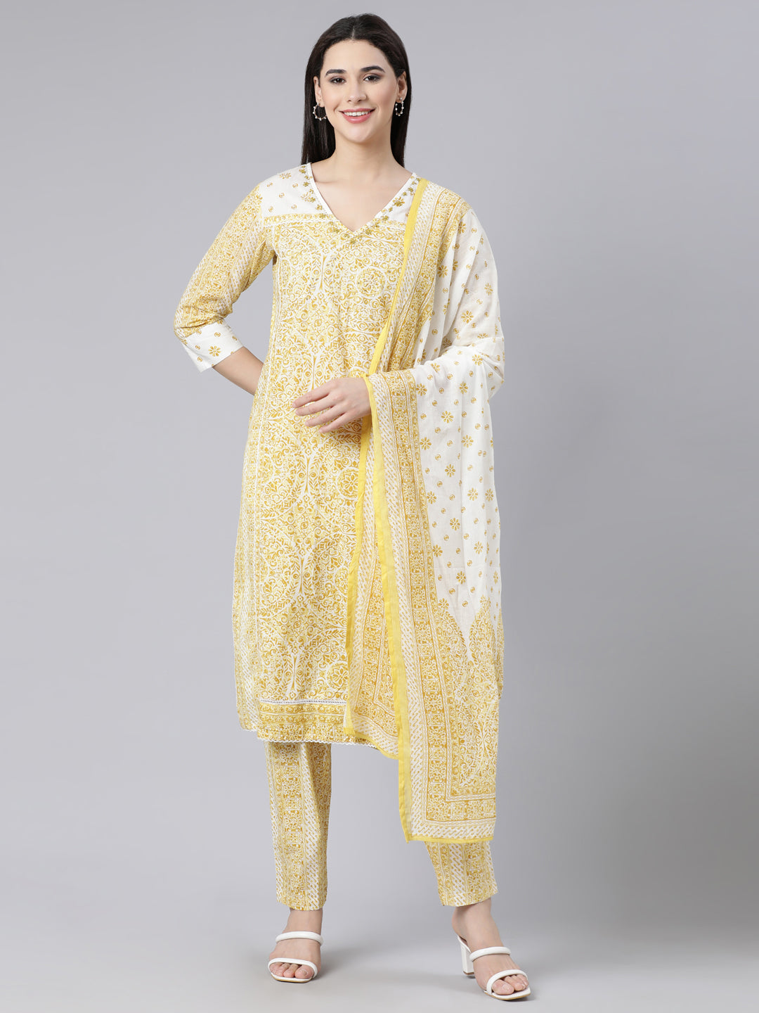 Neerus Green Panelled Straight Printed Kurta And Trousers With Dupatta