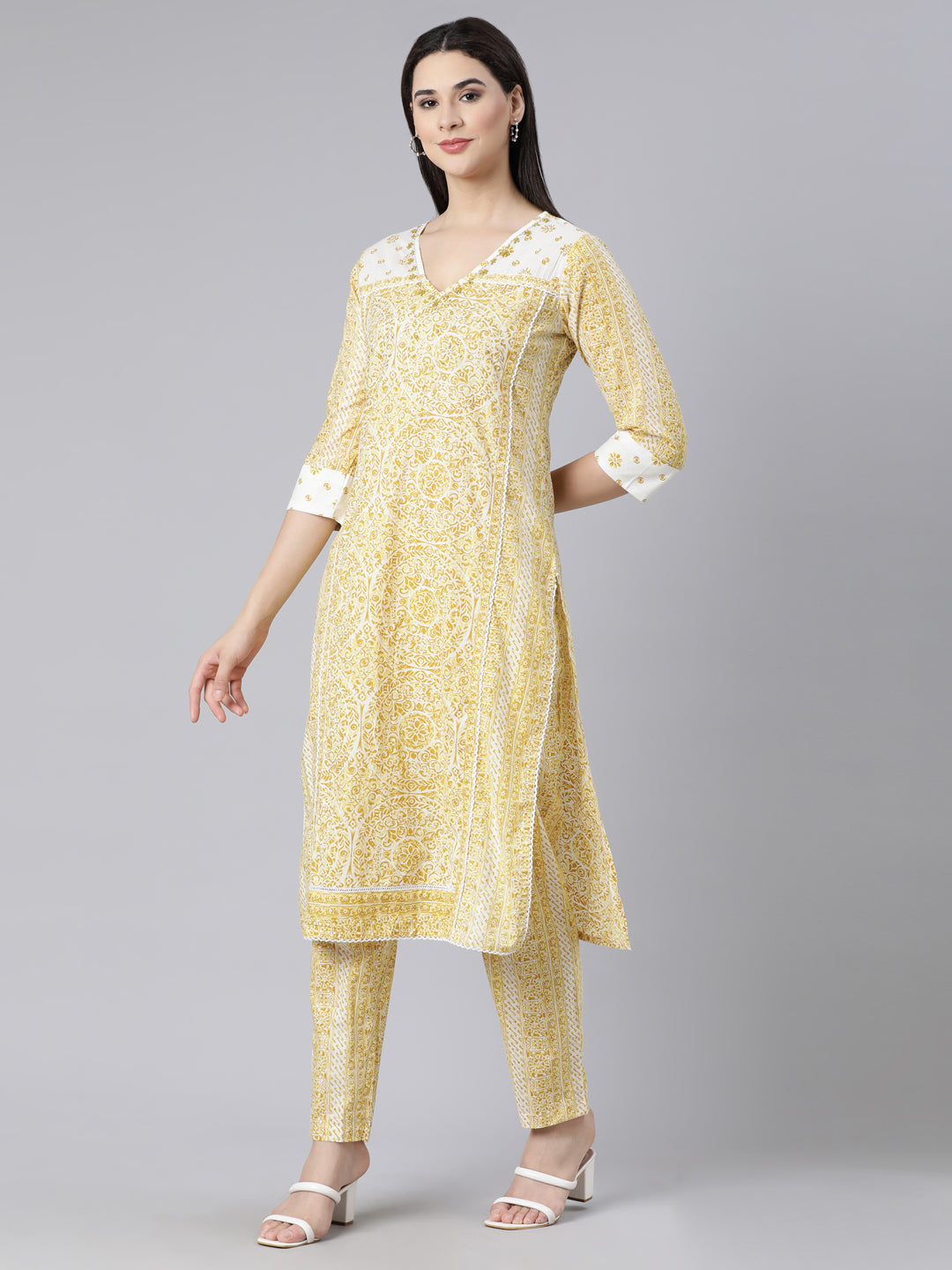 Neerus Green Panelled Straight Printed Kurta And Trousers With Dupatta