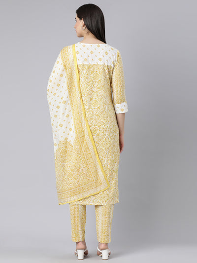 Neerus Green Panelled Straight Printed Kurta And Trousers With Dupatta