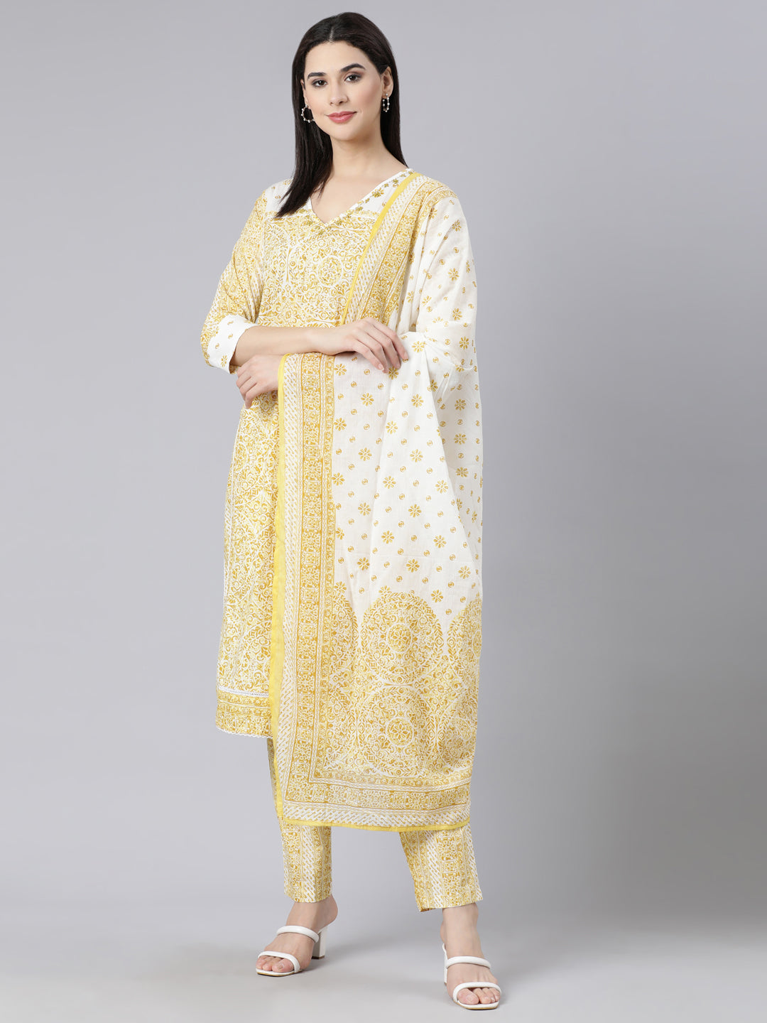 Neerus Green Panelled Straight Printed Kurta And Trousers With Dupatta