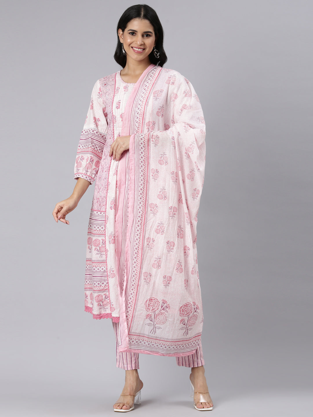 Neerus Pink Regular Straight Printed Kurta and Trousers With Dupatta