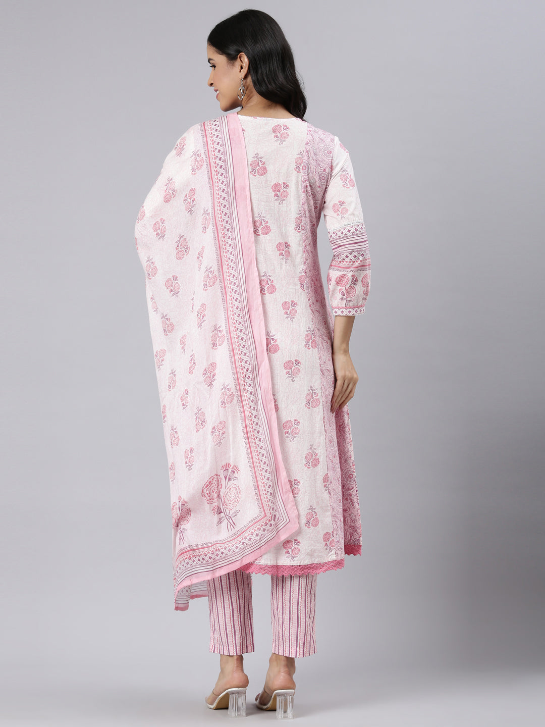 Neerus Pink Regular Straight Printed Kurta and Trousers With Dupatta