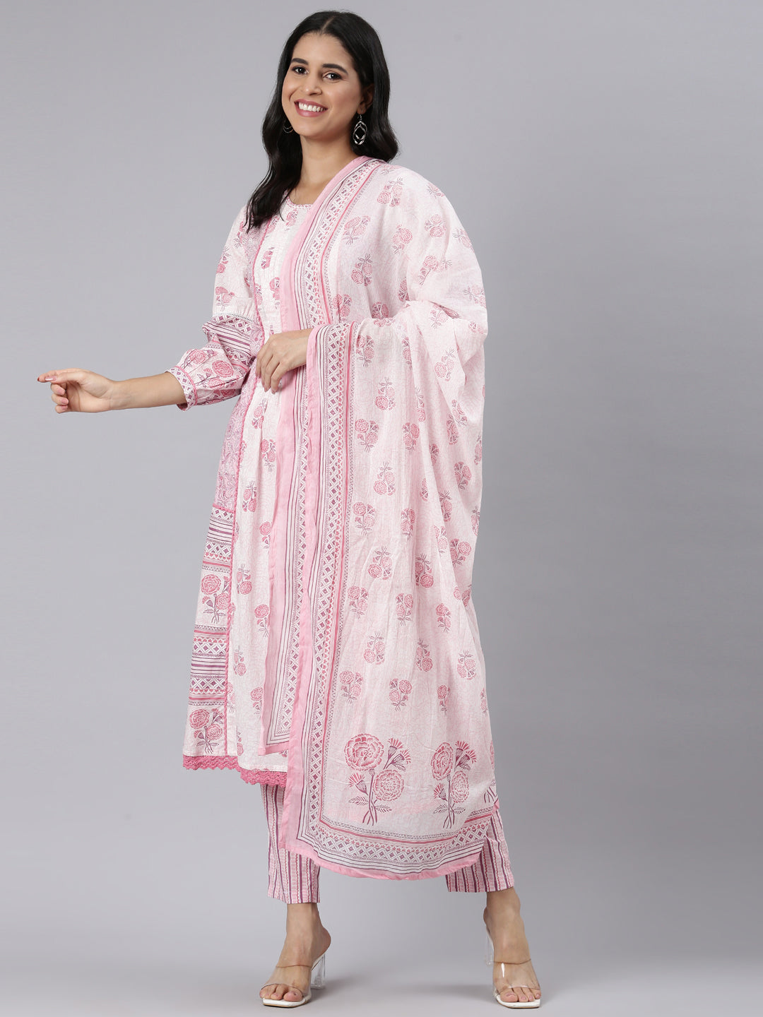 Neerus Pink Regular Straight Printed Kurta and Trousers With Dupatta